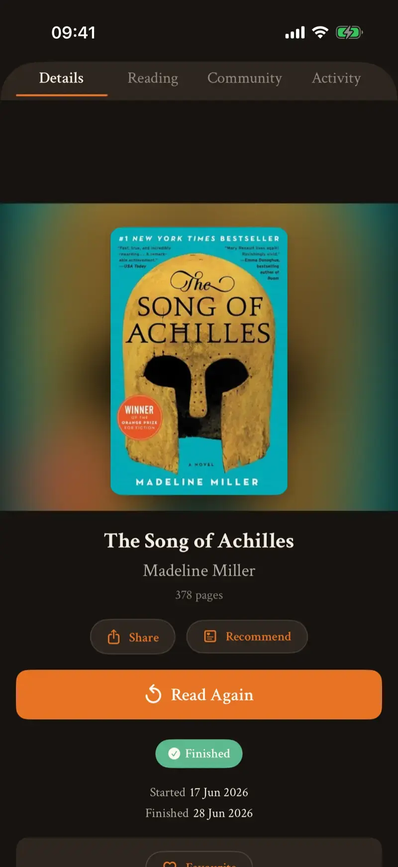 The in prose app's book detail screen: cover, description, ratings, and community reviews