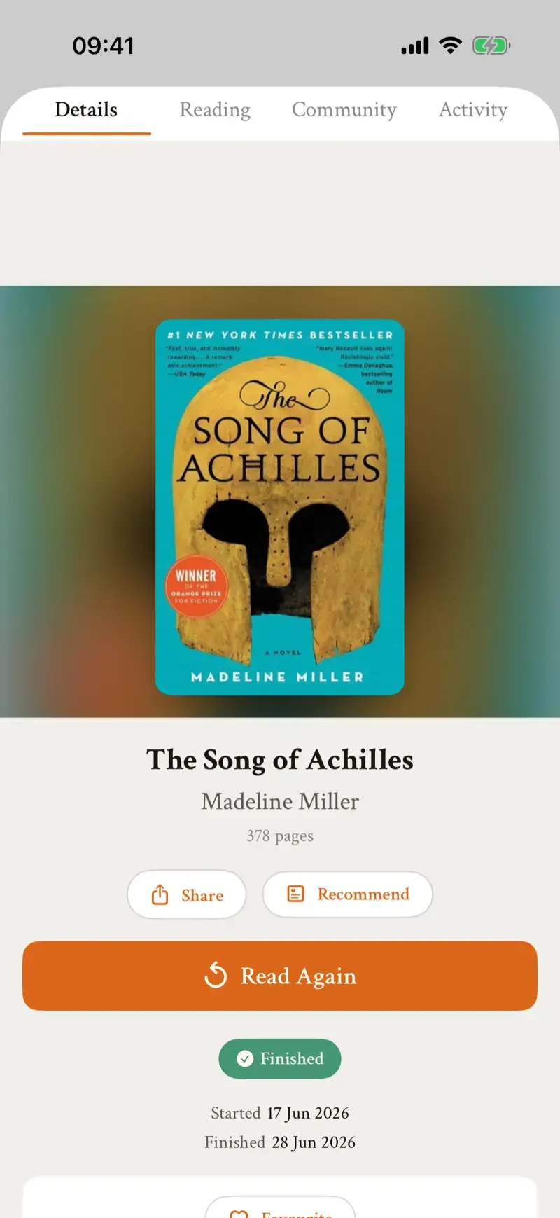 The in prose app's book detail screen: cover, description, ratings, and community reviews