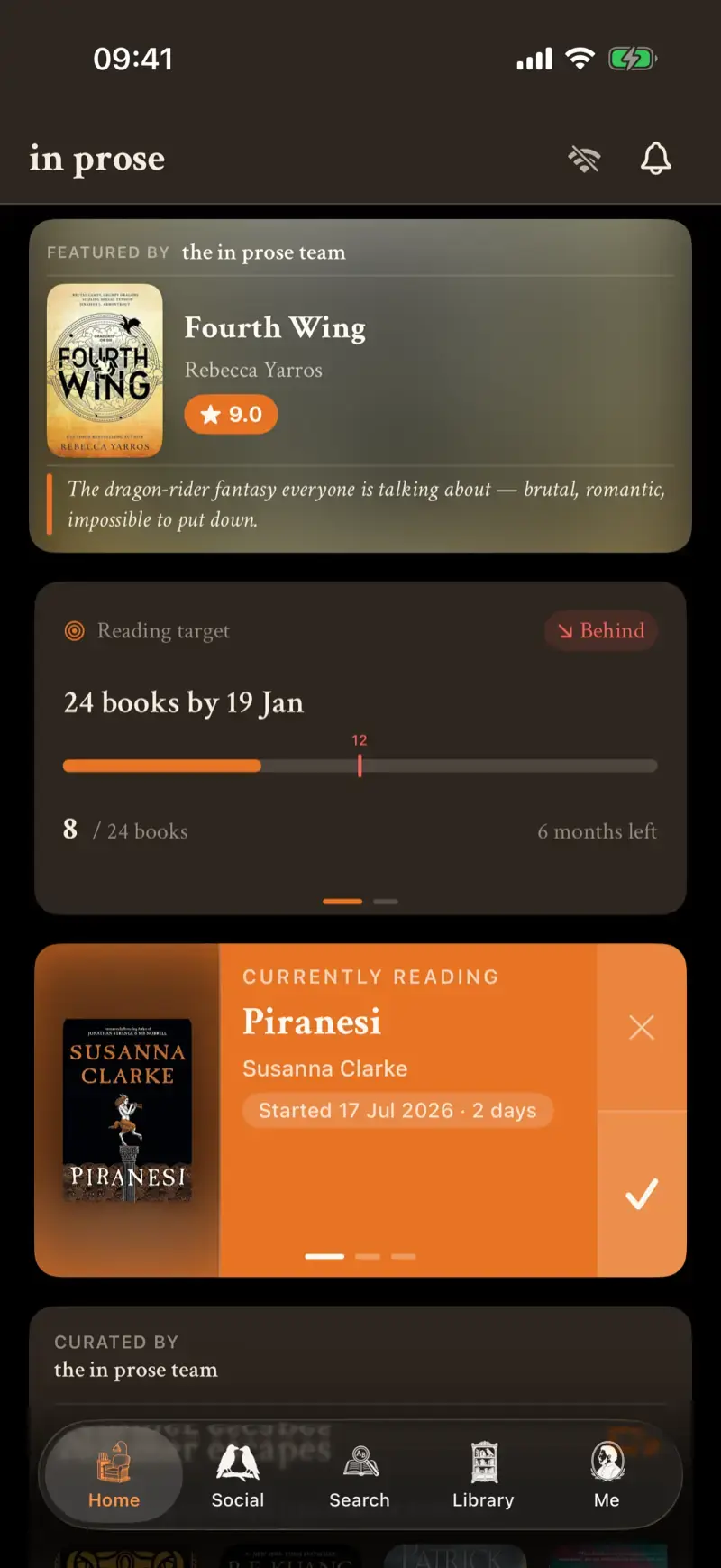The in prose app's home screen: reading-target stats and the book you're currently reading