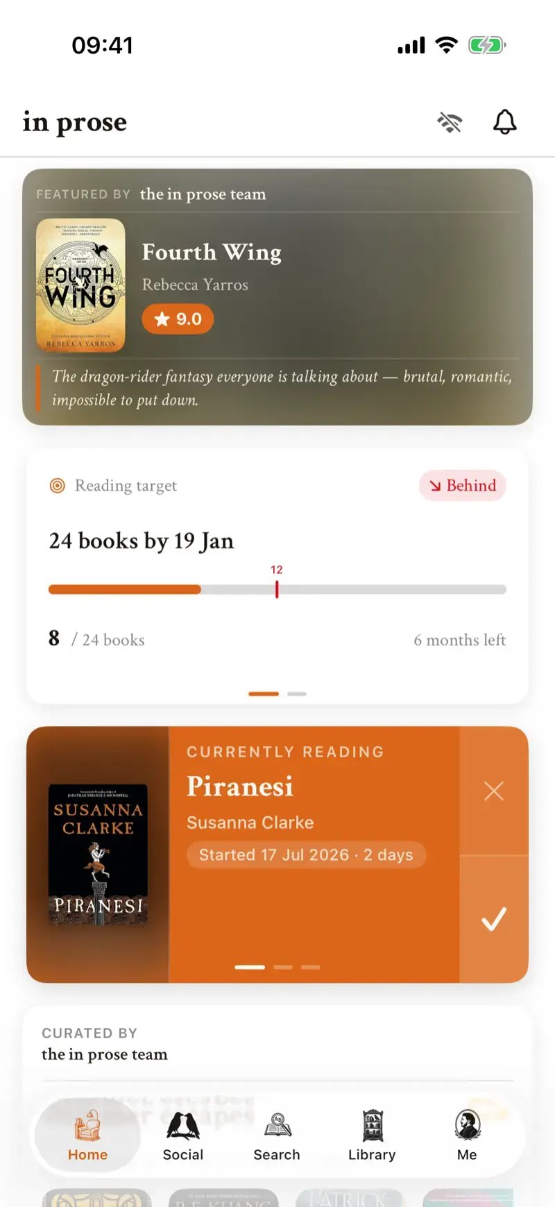The in prose app's home screen: reading-target stats and the book you're currently reading