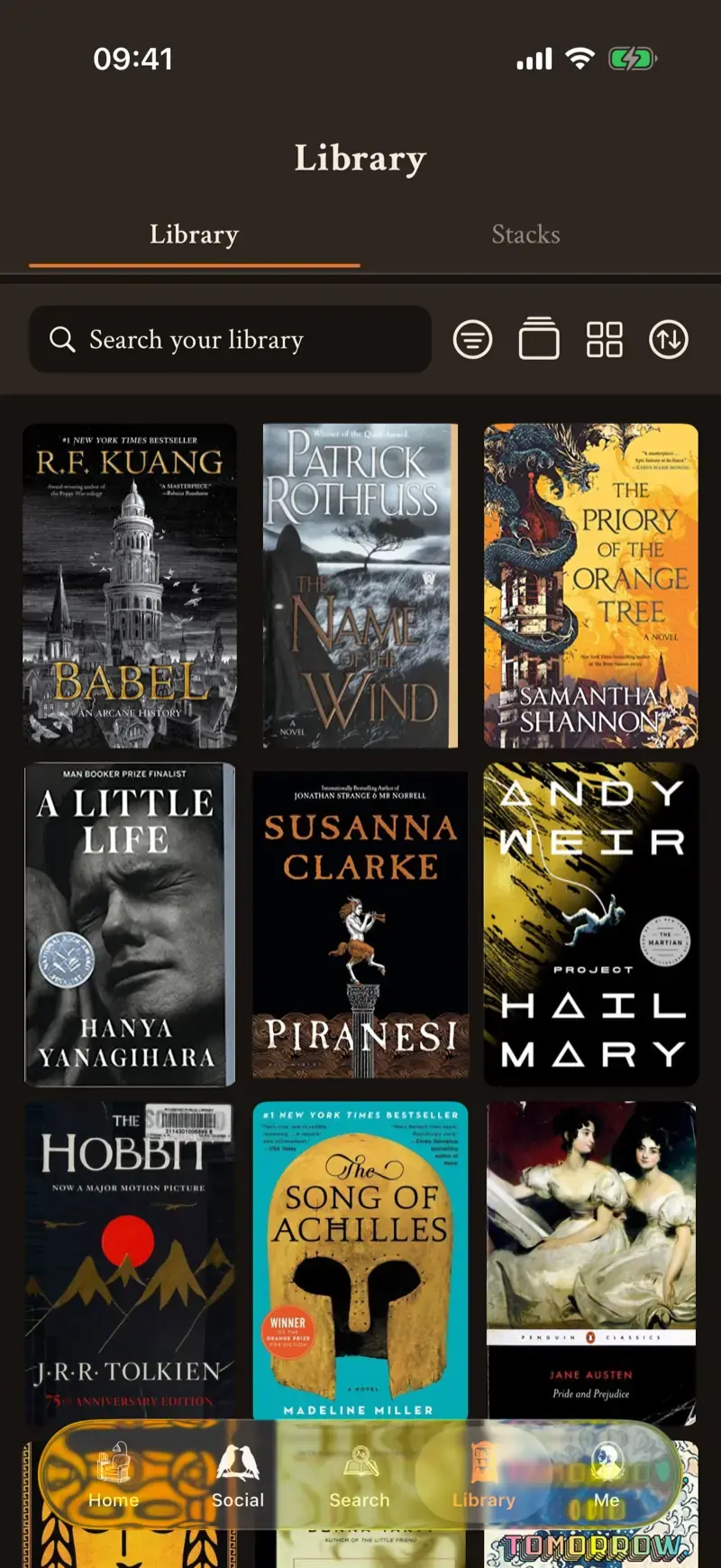 The in prose app's library screen: a shelf of book covers with reading statuses and ratings