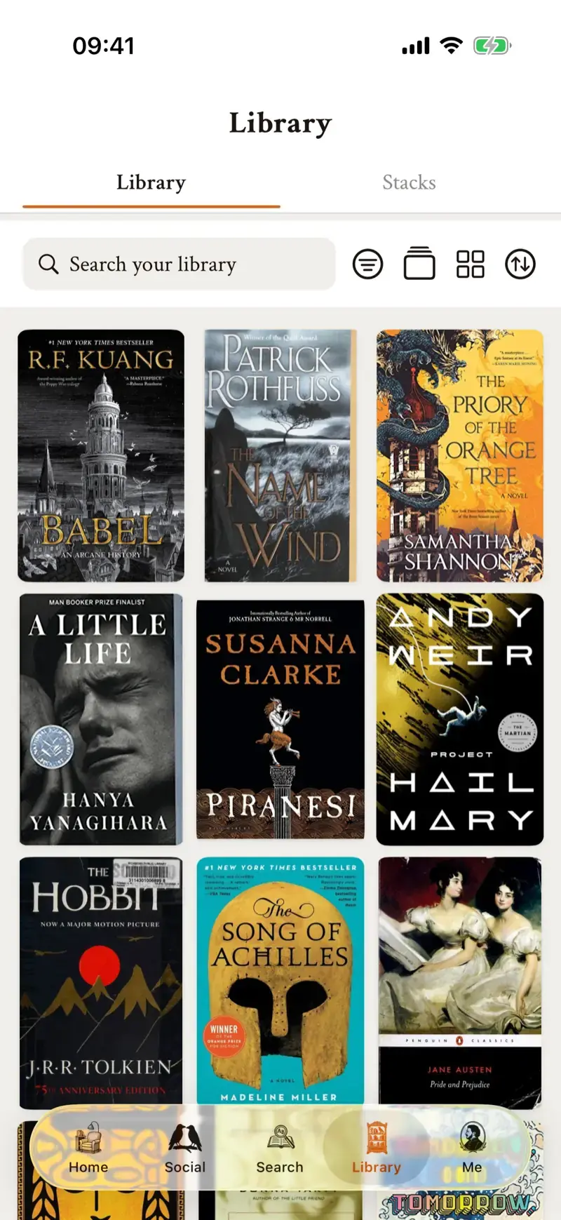 The in prose app's library screen: a shelf of book covers with reading statuses and ratings