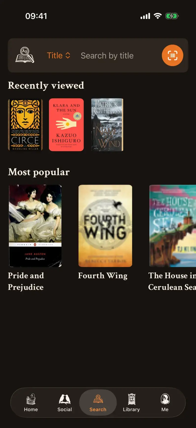 The in prose app's search screen: book results with one-tap add, and the barcode scanner button