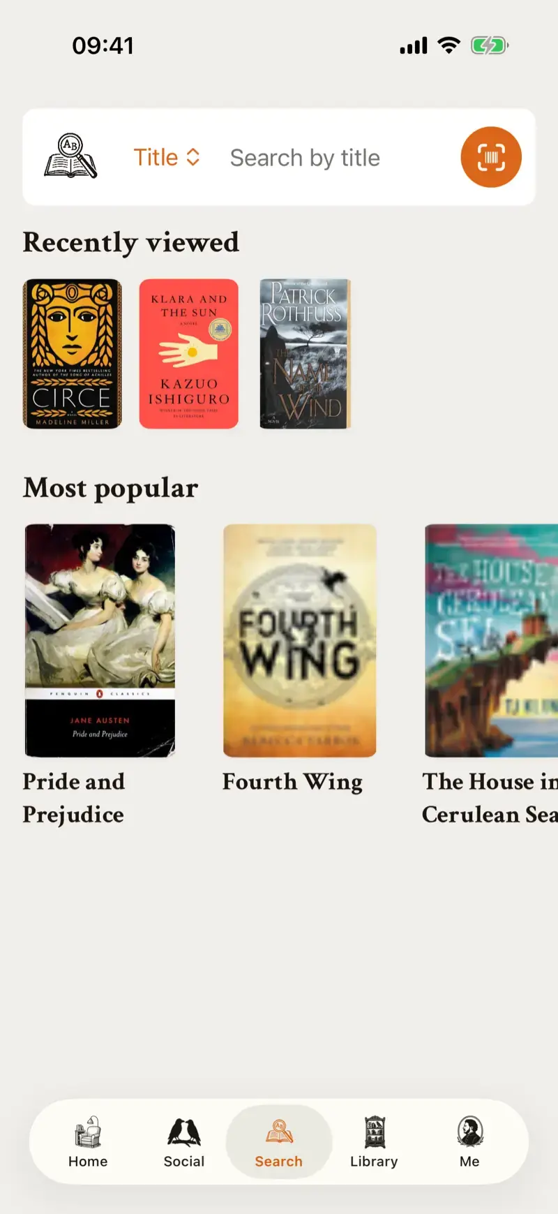 The in prose app's search screen: book results with one-tap add, and the barcode scanner button
