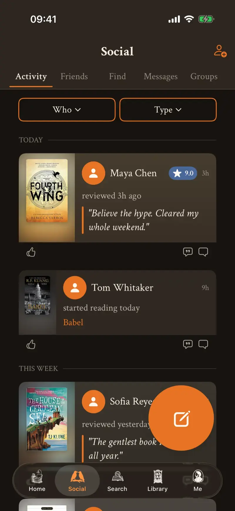 The in prose app's social feed: friends' reading activity with comments and reactions