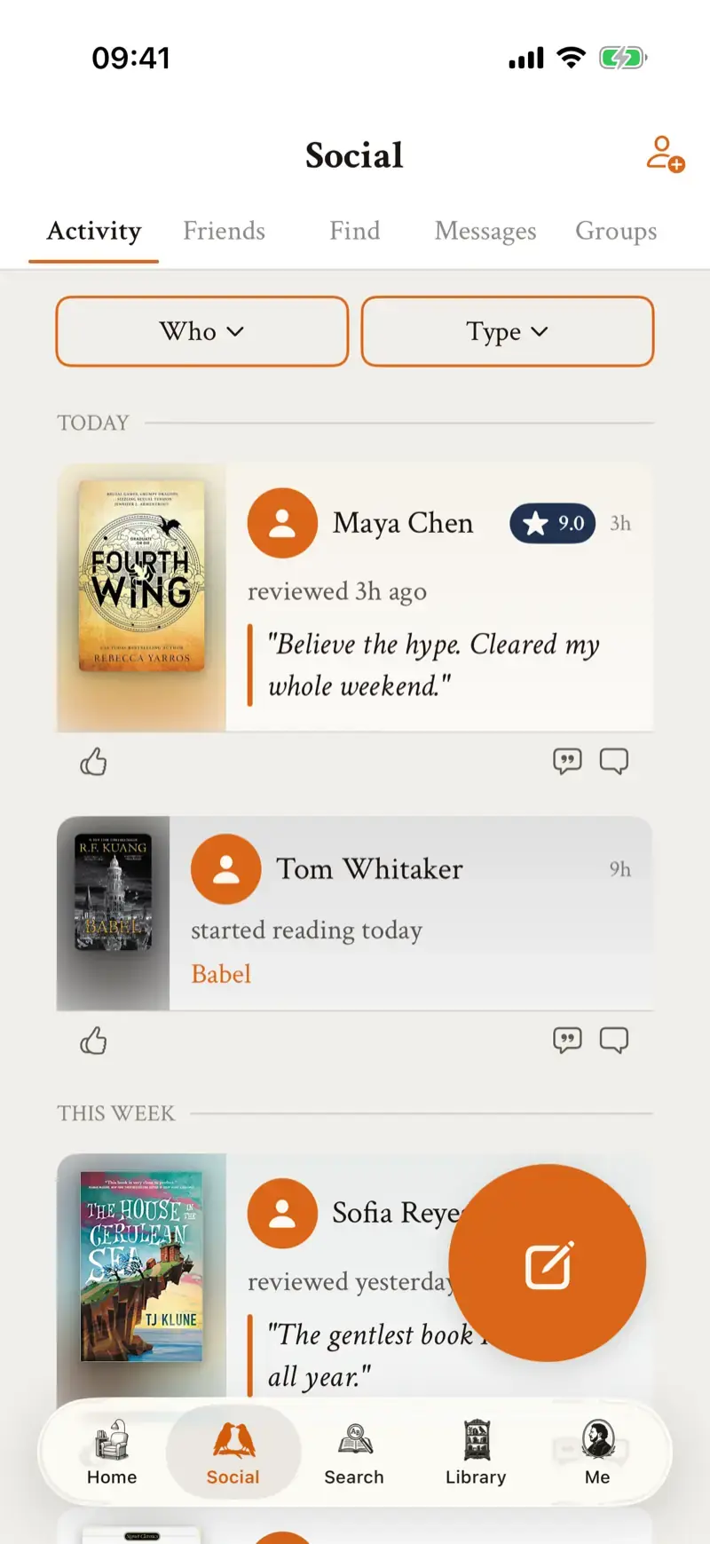The in prose app's social feed: friends' reading activity with comments and reactions