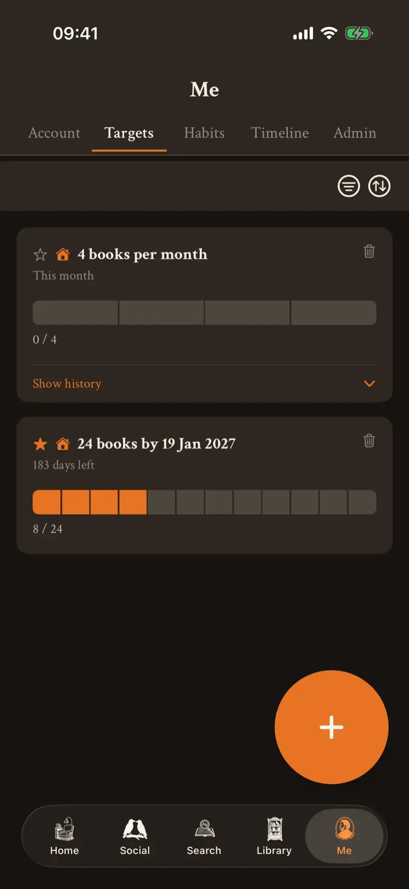 The in prose app's reading targets screen: progress charts for reading goals and habit streaks