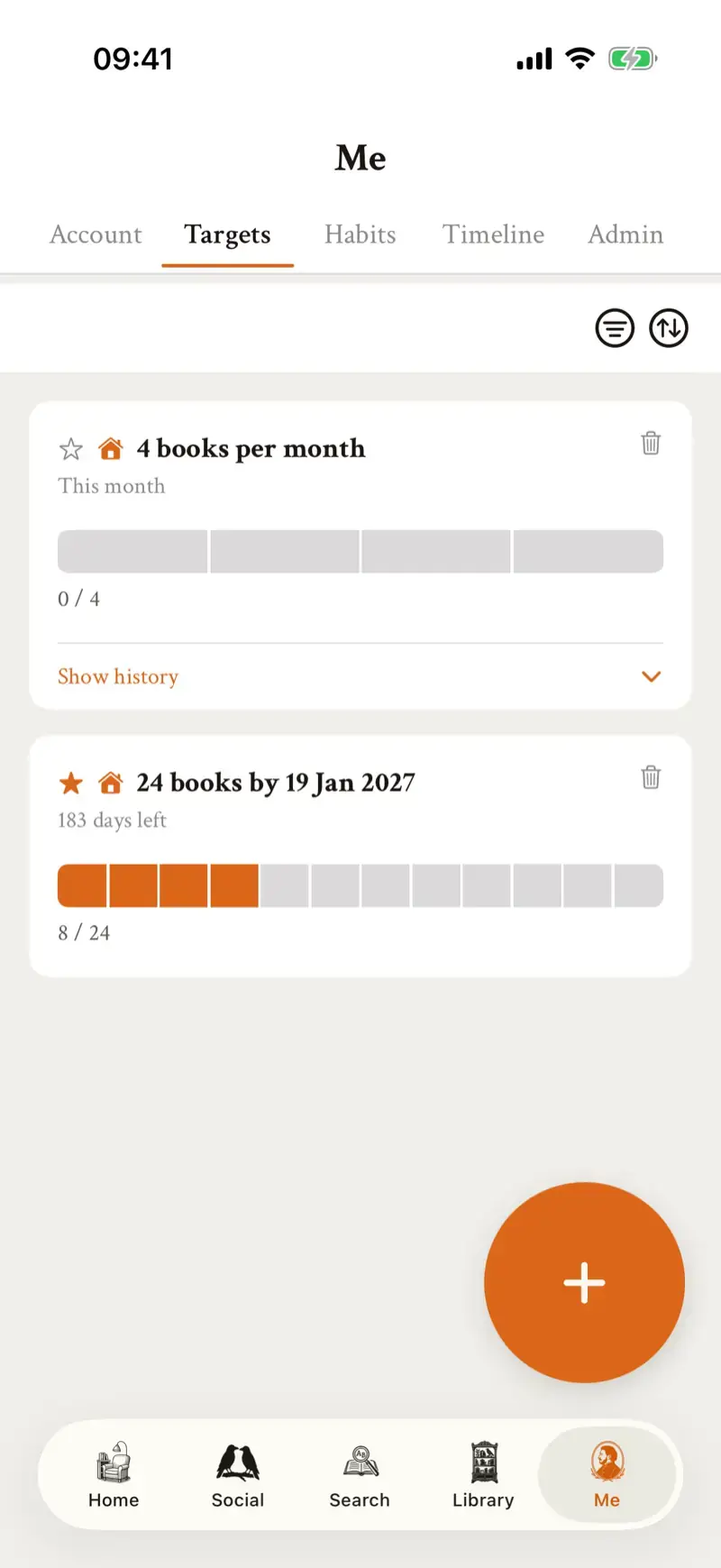 The in prose app's reading targets screen: progress charts for reading goals and habit streaks